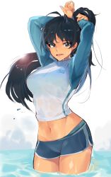 Rule 34 | 1girl, absurdres, ahoge, black hair, blue eyes, breasts, commentary request, cowboy shot, dolphin shorts, ganaha hibiki, hands up, highres, idolmaster, idolmaster (classic), large breasts, long hair, long sleeves, looking at viewer, midriff, navel, open mouth, ponytail, raglan sleeves, shirt, short shorts, shorts, solo, tuxedo de cat, wading, wet, white background
