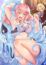 Rule 34 | 2girls, armpits, blush, bra, bra pull, breasts, cleavage, clothes pull, demon tail, floral print, green eyes, highres, large breasts, multiple girls, narushima kanna, open mouth, original, panties, panty pull, pink hair, slime (creature), tail, thighs, underwear