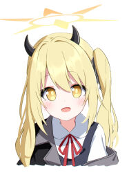 Rule 34 | 1girl, black horns, blonde hair, blue archive, blush, collared shirt, demon horns, foulo paints, hair between eyes, halo, highres, horns, ibuki (blue archive), long hair, looking at viewer, neck ribbon, open mouth, red ribbon, ribbon, shirt, side ponytail, simple background, smile, solo, upper body, white background, white shirt, yellow eyes, yellow halo