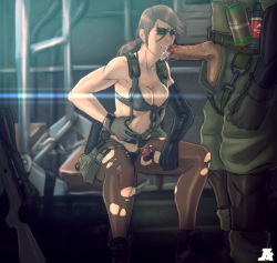 Rule 34 | 1boy, 1girl, asymmetrical gloves, bad id, bad tumblr id, big boss, bikini, blue eyes, breasts, brown hair, cleavage, cum, cum in mouth, cum overflow, elbow gloves, explosive, facepaint, fellatio, front-tie bikini top, front-tie top, gloves, grenade, gun, hetero, highres, holster, long hair, medium breasts, metal gear (series), metal gear solid, metal gear solid v: the phantom pain, mismatched gloves, open fly, oral, pantyhose, penis, planted, ponpu (pumpkinsinclair), ponytail, quiet (metal gear), rifle, single elbow glove, sitting, sniper rifle, soldier, suspenders, swimsuit, thigh holster, torn clothes, torn legwear, uncensored, unzipped, weapon