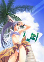 Rule 34 | 1girl, :d, armpits, bandeau, bare shoulders, bikini, blue hair, cloud, coconut, day, f-ism, foreshortening, from below, front-tie top, green eyes, hair ribbon, holding, light rays, long hair, looking away, murakami suigun, nail polish, navel, open mouth, original, outdoors, palm tree, plaid, ponytail, ribbon, sarong, shading eyes, shadow, sidelocks, signature, sky, smile, solo, standing, sunbeam, sunlight, surfboard, swimsuit, thighs, tree, upskirt, very long hair, watch, white bikini, wristwatch