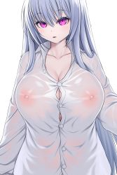 Rule 34 | 1girl, asamura hiori, breasts, button gap, cleavage, covered erect nipples, highres, huge breasts, long hair, looking at viewer, nipples, original, purple eyes, see-through, shirt, silver hair, solo, taut clothes, taut shirt, tight clothes, tight shirt, upper body, wet, wet clothes, wet hair, wet shirt, white shirt