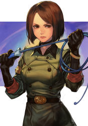 Rule 34 | 1girl, belt, black gloves, breasts, brown eyes, brown hair, choker, collared shirt, feet out of frame, forehead, gloves, holding, holding whip, hungry clicker, lips, looking at viewer, medium breasts, shirt, short hair, snk, solo, swept bangs, the king of fighters, whip, whip (kof)