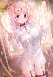 Rule 34 | 1girl, :d, absurdres, blush, breasts, collared shirt, commentary request, cowboy shot, dress shirt, dutch angle, garter straps, highres, holding, holding ribbon, indoors, izumi kaori (twinbox), large breasts, long hair, long sleeves, looking at viewer, one side up, open mouth, pink hair, pink ribbon, purple eyes, ribbon, see-through, shirt, sleeves past wrists, smile, solo, sousouman, standing, thigh strap, twinbox school, white shirt, window