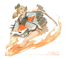 Rule 34 | 1girl, absurdres, arknights, breasts, character name, chen zhang, commentary request, fang, fire, gun, highres, horns, ifrit (arknights), looking to the side, material growth, no tail, orange eyes, originium (arknights), oripathy lesion (arknights), platinum blonde hair, short hair, slit pupils, small breasts, solo, thighs, weapon, white background