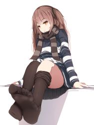 Rule 34 | 1girl, arms at sides, artist request, asymmetrical legwear, breasts, brown eyes, brown hair, feet, foot focus, foreshortening, full body, girls&#039; frontline, long sleeves, looking away, looking to the side, official alternate costume, pale skin, scar, scar across eye, scar on face, scarf, shirt, side ponytail, simple background, sitting, skirt, small breasts, smile, solo, striped clothes, striped scarf, striped shirt, thighhighs, ump45 (&quot;just this time.&quot;) (girls&#039; frontline), ump45 (girls&#039; frontline), uneven legwear, white background