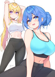 Rule 34 | 2girls, black pants, blonde hair, blue eyes, blue hair, blue sports bra, blush, breasts, closed mouth, commentary request, hair between eyes, highres, hisen kaede, large breasts, long hair, looking at viewer, midriff, multiple girls, navel, open mouth, original, pants, purple eyes, signature, simple background, sitting, smile, sports bra, standing, white background, white sports bra, yoga pants