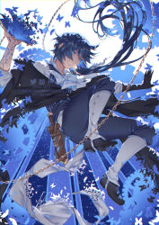 Rule 34 | 1boy, blue background, blue eyes, blue hair, blue theme, book, bow, bug, butterfly, chain, falling, gears, insect, knife sheath, long hair, lux casari, popped collar, sheath, signature, solo, striped clothes, striped vest, vanitas (vanitas no carte), vanitas no carte, vertical-striped clothes, vertical-striped vest, vest, white background