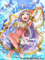 Rule 34 | 1girl, :d, anklet, arabian clothes, arm up, armlet, bad id, bad pixiv id, barefoot, blue eyes, bracelet, character request, day, dragon tactics, ichinose777, jewelry, long hair, looking up, midriff, navel, necklace, official art, open mouth, outdoors, sky, smile, solo focus, very long hair, wading, water, water drop