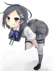 Rule 34 | 10s, 1girl, :p, bent over, black hair, blue ribbon, blush, brown eyes, full body, gloves, hair ornament, hairclip, hand on own knee, kantai collection, kneehighs, kuroshio (kancolle), loafers, looking at viewer, nagasioo, neck ribbon, pantyhose, ribbon, shoes, short hair, short sleeves, socks, solo, standing, standing on one leg, thigh strap, tongue, tongue out, turret, white background, white gloves