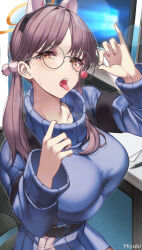 Rule 34 | 1girl, animal ears, blue archive, blue leotard, blue sweater, blush, boots, breasts, brown hair, candy, fake animal ears, food, glasses, halo, highres, holding, holding candy, holding food, holding lollipop, large breasts, leotard, lollipop, looking at viewer, miyuki (9029009), moe (blue archive), open mouth, orange eyes, rabbit ears, round eyewear, saliva, sexually suggestive, smile, solo, sweater, turtleneck, turtleneck sweater, twintails