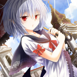 Rule 34 | 1girl, alternate costume, bat wings, blue hair, bow, breasts, building, commentary request, day, dress, dutch angle, hair between eyes, holding, holding umbrella, looking at viewer, outdoors, parasol, pointy ears, puffy short sleeves, puffy sleeves, red bow, red eyes, red ribbon, remilia scarlet, ribbon, sailor collar, shirt, short hair, short sleeves, sky, slit pupils, small breasts, solo, touhou, umbrella, upper body, white dress, white shirt, wings, yua (checkmate)