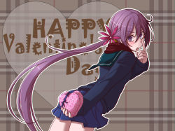 Rule 34 | 1girl, :p, akanbe, akebono (kancolle), bell, black sweater, blue skirt, blush, bow, box, brown background, brown scarf, cowboy shot, eyelid pull, finger to eye, flower, from behind, gift, gift box, green sailor collar, hair bell, hair between eyes, hair flower, hair ornament, happy valentine, heart, heart-shaped box, heart background, holding, holding box, jingle bell, kantai collection, leaning forward, long hair, long sleeves, looking at viewer, looking back, miniskirt, outline, pleated skirt, purple bow, purple eyes, purple hair, red flower, sailor collar, scarf, side ponytail, skirt, solo, standing, sweater, tongue, tongue out, v-shaped eyebrows, valentine, very long hair, white outline, yuki to hana