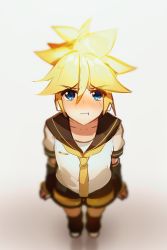 Rule 34 | 1boy, absurdres, bad id, bad twitter id, black collar, black shorts, black sleeves, blonde hair, blue eyes, blurry, blurry background, collar, commentary, depth of field, detached sleeves, ei flow, english commentary, foreshortening, from above, full body, headphones, highres, kagamine len, leg warmers, looking at viewer, looking up, male focus, necktie, sailor collar, school uniform, shirt, short sleeves, shorts, solo, spiked hair, vocaloid, white shirt, yellow necktie
