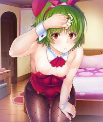 Rule 34 | 1girl, :o, ange (taimanin asagi), animal ears, areola slip, bare shoulders, bed, bedroom, breasts, commentary request, copyright request, detached collar, downblouse, fake animal ears, female focus, fishnet pantyhose, fishnets, green hair, halo, hand on own leg, hand on own thigh, highres, leaning forward, leotard, looking at viewer, nobushito kuro, pantyhose, parted lips, playboy bunny, rabbit ears, red eyes, short hair, small breasts, solo, thigh gap, wrist cuffs