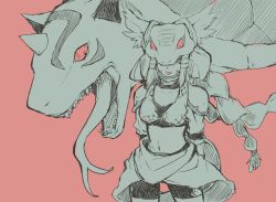 Rule 34 | 1girl, armor, artist request, bad id, bad pixiv id, bandai, breasts, covered eyes, creature, digimon, domino mask, female focus, green hair, helmet, horns, mask, medium breasts, minervamon, monster, olympos xii, open mouth, sandiramon, short hair, simple background, smile, snake, solo, standing, tongue, tongue out, weapon, winged helmet