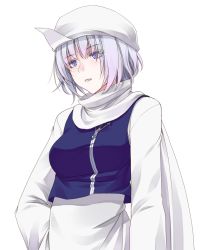 Rule 34 | 1girl, apron, breasts, crote, female focus, hand on own hip, hat, letty whiterock, light purple hair, long sleeves, medium breasts, open mouth, purple eyes, scarf, short hair, solo, touhou, transparent background, white scarf, wide sleeves
