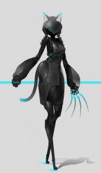 Rule 34 | 1girl, absurdres, android, animal ears, asymmetrical clothes, black dress, braid, cat ears, cat tail, claws, digitigrade, dress, echanis enicha, faceless, female focus, full body, glowing, grey background, highres, hip vent, no humans, original, robot, science fiction, solo, tail, twin braids