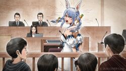 Rule 34 | 2girls, 6+boys, animal ears, arms behind back, asian, black gloves, black hoodie, blue hair, blue necktie, bow, braid, breasts, carrot hair ornament, commentary request, courtroom, detached sleeves, don-chan (usada pekora), dress, emphasis lines, enomoto yoshitaka, food-themed hair ornament, formal, frown, fur-trimmed gloves, fur trim, glasses, gloves, hair bow, hair ornament, highres, hololive, hood, hoodie, medium breasts, microphone, motion lines, multicolored hair, multiple boys, multiple girls, necktie, opaque glasses, open mouth, podium, rabbit ears, rabbit girl, rabbit tail, railing, red eyes, red necktie, sidelocks, strapless, strapless dress, suit, tail, twin braids, two-tone hair, usada pekora, usada pekora (1st costume), virtual youtuber, watermark, white dress, white hair