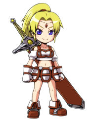 Rule 34 | 1girl, ankle boots, blonde hair, boots, brown footwear, circlet, closed mouth, copyright request, fingerless gloves, fold-over boots, full body, gloves, itou yuuji, looking at viewer, midriff, navel, ponytail, purple eyes, simple background, smile, solo, standing, weapon, weapon on back, white background, white gloves