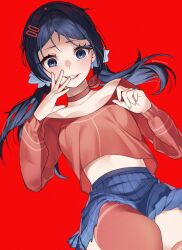 1girl bad_id bad_twitter_id blue_eyes blue_hair blue_skirt breasts choker crazy_mita_(miside) crazy_smile cropped_shirt evil_grin evil_smile grin hair_ornament hairband hairclip hands_up highres long_hair long_sleeves looking_at_viewer low_twintails midriff miside mita_(miside) mokaren red_background red_choker red_hairband red_thighhighs simple_background skirt smile solo thighhighs twintails yandere