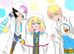 Rule 34 | 1girl, 2boys, alternate color, alternate eye color, alternate hair color, arc system works, artist request, blazblue, blonde hair, cloak, coat, color connection, dual persona, fingerless gloves, glasses, gloves, green eyes, hair ribbon, holding hands, hat, hazama, hood, hooded cloak, long hair, multiple boys, open mouth, ribbon, shaded face, short hair, smile, trinity glassfield, twintails, wink, yuuki terumi