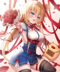 Rule 34 | 1girl, :d, akai haato, akai haato (1st costume), black thighhighs, blonde hair, blue eyes, blush, bouquet, breasts, collared shirt, commentary request, congratulations, cowboy shot, dress shirt, finger to mouth, fingernails, flower, haaton (akai haato), hair between eyes, hair ornament, hands up, heart, heart hair ornament, high-waist skirt, highres, holding, holding bouquet, hololive, leg up, long hair, looking at viewer, medium breasts, milluun, nail polish, one side up, open mouth, red flower, red nails, red ribbon, red rose, ribbon, rose, shirt, short sleeves, sidelocks, skirt, smile, solo, thigh strap, thighhighs, very long hair, virtual youtuber, white shirt