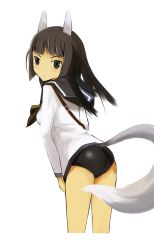 Rule 34 | 1girl, anabuki tomoko, animal ears, black eyes, black hair, clothes pull, fox ears, fox tail, from behind, looking back, one-piece swimsuit, rasielcochma, school swimsuit, school uniform, serafuku, shirt pull, solo, strike witches, strike witches: suomus misfits squadron, sweatdrop, swimsuit, swimsuit under clothes, tail, white background, world witches series