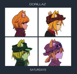 Rule 34 | 4girls, album cover redraw, alternate costume, alternate hairstyle, animal ear fluff, animal ears, asymmetrical hair, backwards hat, black coat, black headwear, blonde hair, brown coat, brown headwear, closed mouth, coat, collared shirt, commentary request, cookie (touhou), demon days (gorillaz), derivative work, expressionless, fox ears, fox girl, goggles, goggles on headwear, gorillaz, hair between eyes, hat, highres, looking at viewer, looking to the side, medium hair, miramikaru riran, multiple girls, plaid headwear, red eyes, red shirt, shirt, short ponytail, sidelocks, upper body, white background, yan pai