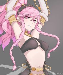 Rule 34 | 1girl, armpits, arms up, blush, braid, breasts, fire emblem, fire emblem awakening, grimmelsdathird, hairband, highres, long hair, looking at viewer, medium breasts, nintendo, olivia (fire emblem), parted lips, pink eyes, pink hair, ponytail, side braid, simple background, smile, solo, twin braids, upper body