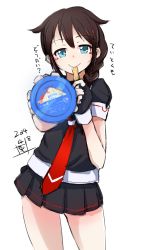 Rule 34 | 10s, 1girl, 2014, artist name, black hair, blue eyes, blurry, braid, dated, depth of field, fingerless gloves, food, gloves, hair ornament, hair over shoulder, highres, ice cream, ice cream spoon, kantai collection, long hair, looking at viewer, momo (higanbana and girl), personification, pleated skirt, school uniform, serafuku, shigure (kancolle), short sleeves, signature, simple background, single braid, skirt, solo, spoon, translated, white background