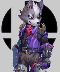 Rule 34 | 1boy, animal ears, artist request, claws, eyepatch, furry, furry male, gloves, jacket, male focus, nintendo, simple background, smile, solo, star fox, super smash bros., tail, wolf, wolf o&#039;donnell