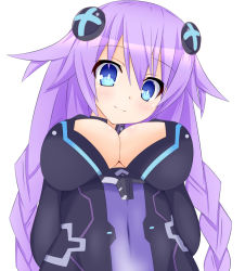 Rule 34 | 10s, 1girl, blue eyes, blush, braid, breasts, cleavage, cleavage cutout, clothing cutout, covered navel, hair ornament, large breasts, leotard, long hair, looking at viewer, looking down, neptune (neptunia), neptune (series), purple hair, purple heart (neptunia), smile, solo, symbol-shaped pupils, tamaki (tamaki pic), twin braids