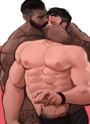 Rule 34 | 2boys, abs, bara, beard, dark-skinned male, dark skin, dopey (dopq), facial hair, hand on another&#039;s chin, highres, kiss, large pectorals, male focus, mature male, multiple boys, muscular, muscular male, navel, nipples, original, pectorals, stomach, topless male, yaoi