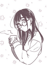 Rule 34 | 1girl, :o, blunt bangs, commentary request, cropped torso, cup, floral background, glasses, highres, holding, holding cup, kashikaze, light blush, long hair, long sleeves, looking at viewer, misaki nako, monochrome, real life, simple background, sketch, sleeves past wrists, solo, steam, upper body, voice actor