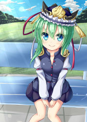 Rule 34 | 1girl, absurdres, aqua hair, bench, blue eyes, blue skirt, blue vest, blush, breasts squeezed together, breasts, commentary request, epaulettes, grass, hat, hat ribbon, highres, long sleeves, looking at viewer, mochizuki hull, nature, park bench, red ribbon, ribbon, shiki eiki, shirt, short hair, sitting, skirt, small breasts, smile, solo, touhou, tree, unbuttoned, vest, white ribbon, white shirt