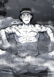 Rule 34 | 10s, 1boy, abs, bad id, bad pixiv id, convenient censoring, golden kamuy, greyscale, hat, highres, kemukemuke, looking at viewer, male focus, manly, monochrome, onsen, partially submerged, peaked cap, penis, penis peek, scar, scar on arm, scar on face, scar on mouth, short hair, sitting, solo, spread legs, steam, steam censor, sugimoto saichi, thighs, wet