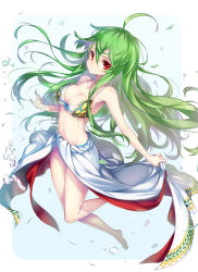 Rule 34 | 1girl, ahoge, athena (p&amp;d), barefoot, bikini, blush, breasts, bubble, cleavage, female focus, front-tie top, green hair, hong (white spider), large breasts, long hair, looking at viewer, puzzle &amp; dragons, red eyes, sarong, shiny skin, simple background, smile, solo, strap gap, swimsuit, underwater, very long hair