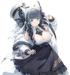 Rule 34 | 1girl, 2t (vmyz7342), aqua eyes, azur lane, blue hair, blush, breasts, buttons, cheshire (azur lane), cleavage, cleavage cutout, closed mouth, clothing cutout, coat, commentary, dress, fur trim, gold trim, hair ornament, hand up, hat, highres, large breasts, long dress, long sleeves, looking at viewer, maid headdress, multicolored hair, off shoulder, peaked cap, shiny skin, simple background, skirt, sleeveless, sleeveless dress, smile, solo, two-tone hair, v, white background