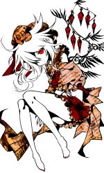 Rule 34 | 1girl, alternate costume, barefoot, flandre scarlet, full body, hair over one eye, hat, looking at viewer, midriff, red eyes, shirt, silver hair, simple background, skirt, solo, touhou, toutenkou, white background, wings