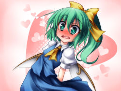 Rule 34 | 1girl, arms behind back, ascot, blush, daiyousei, dress shirt, embarrassed, fairy wings, female focus, full-face blush, gradient background, green eyes, green hair, hair ribbon, heart, leaning, looking at viewer, matching hair/eyes, pink background, puffy short sleeves, puffy sleeves, ribbon, sasasa (nashi), shirt, short hair, short sleeves, side ponytail, solo, tears, touhou, vest, wavy mouth, wings