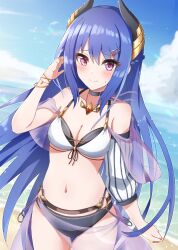 Rule 34 | 1girl, arm at side, bare shoulders, bikini, blue hair, blush, bracelet, braid, breasts, choker, cleavage, closed mouth, cloud, cowboy shot, day, detached sleeves, french braid, glint, hair ornament, tucking hair, hairclip, hand up, highres, horns, jewelry, long hair, looking at viewer, navel, ocean, outdoors, pendant, princess connect!, purple eyes, rei (princess connect!), rei (summer) (princess connect!), sarong, seiji (artman), small breasts, solo, sparkle, standing, sweatdrop, swimsuit