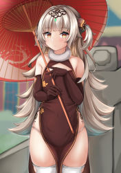 Rule 34 | 1girl, absurdres, azur lane, blurry, blurry background, blush, brown dress, brown eyes, brown gloves, china dress, chinese clothes, closed mouth, commentary request, depth of field, dress, elbow gloves, gloves, grey hair, headpiece, highres, holding, holding umbrella, long hair, looking at viewer, mole, mole under eye, moyoron, official alternate costume, oil-paper umbrella, panties, red umbrella, sleeveless, sleeveless dress, solo, thighhighs, two side up, umbrella, underwear, very long hair, white panties, white thighhighs, z46 (azur lane), z46 (jianzhi fantasia) (azur lane)