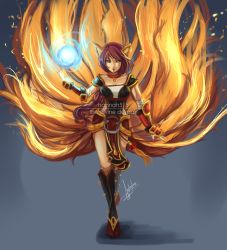 Rule 34 | 1girl, ahri (league of legends), alternate costume, alternate hair color, animal ears, armor, armored dress, artist name, boots, braid, breasts, cleavage, clothing cutout, collar, crossed legs, dated, embers, energy ball, english text, facial mark, faulds, fingerless gloves, fire, fox ears, fox tail, foxfire ahri, full body, gauntlets, gloves, glowing, greaves, hannah santos, highres, jewelry, knee boots, league of legends, long hair, looking at viewer, magic, maroon hair, md5 mismatch, medium breasts, mozilla firefox, multiple tails, nail polish, orange eyes, pauldrons, pelvic curtain, pendant, personification, red hair, serious, shadow, shoulder armor, side cutout, signature, simple background, single braid, solo, standing, swept bangs, tail, tassel, very long hair, walking, whisker markings, whiskers