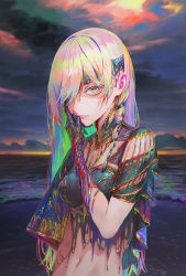 Rule 34 | 1girl, absurdres, blonde hair, cloud, cloudy sky, commentary, green hair, hair over one eye, hand on own face, highres, long bangs, long hair, looking at viewer, midriff, multicolored hair, nababa, navel, ocean, original, pink hair, sky, solo, yellow eyes