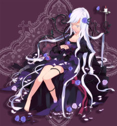 Rule 34 | 1girl, bad id, bad pixiv id, blue flower, blue rose, candle, candlestand, cherry blossoms, dress, flower, highres, manyako (mohumohu), original, plant, purple dress, rose, grey eyes, silver hair, sitting, solo, vines