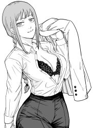 Rule 34 | 1girl, absurdres, bb (baalbuddy), bra, breasts, buttons, chainsaw man, cleavage, highres, large breasts, looking at viewer, makima (chainsaw man), monochrome, office lady, pants, ponytail, shirt, simple background, smile, solo, underwear