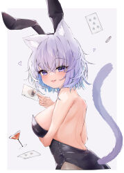 Rule 34 | 1girl, absurdres, animal ear fluff, animal ears, arm under breasts, backless leotard, bare back, bare shoulders, black hairband, black leotard, black pantyhose, blue hair, blush, breast hold, breasts, breasts apart, card, cat ears, cat girl, cat tail, colored inner hair, commentary, fake animal ears, from side, hairband, highres, holding, holding card, hololive, large breasts, leotard, looking at viewer, looking to the side, median furrow, medium breasts, multicolored hair, nekomata okayu, pantyhose, playboy bunny, playing card, purple eyes, purple hair, rabbit ears, reine (reineko6), short hair, sideboob, solo, tail, tongue, tongue out, upper body, virtual youtuber