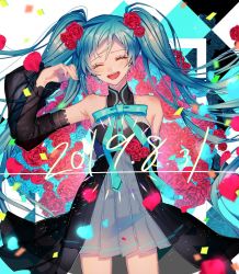 Rule 34 | 1girl, 2019, alternate costume, aqua background, argyle, argyle background, argyle clothes, arm at side, armpit crease, bad id, bad twitter id, bare legs, bare shoulders, black background, blue flower, blue hair, blue ribbon, blue rose, blurry, blush, bouquet, breasts, buttons, closed eyes, collared dress, commentary request, confetti, cowboy shot, crying, dated, depth of field, detached sleeves, dot nose, dress, eyelashes, facing viewer, floating hair, floral background, flower, flying teardrops, grey dress, hair flower, hair ornament, hand up, happy, happy tears, hatsune miku, high collar, legs apart, light particles, long hair, long sleeves, multicolored background, open mouth, petals, pleated dress, puffy long sleeves, puffy sleeves, red flower, red rose, ribbon, rose, see-through, see-through dress, see-through sleeves, shaded face, short dress, shoulder blush, sleeveless, sleeveless dress, small breasts, smile, solo, standing, streaming tears, tareme, tears, teeth, twintails, ume neko (otaku-nyanko), upper teeth only, vocaloid, white background