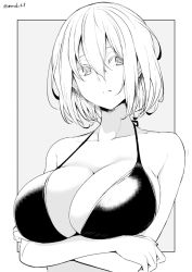 Rule 34 | 1girl, arms under breasts, breast hold, breasts, cleavage, closed mouth, collarbone, earrings, expressionless, greyscale, hair between eyes, halterneck, halterneck, jewelry, kichihachi, large breasts, looking at viewer, monochrome, original, outside border, short hair, simple background, solo, twitter username, upper body